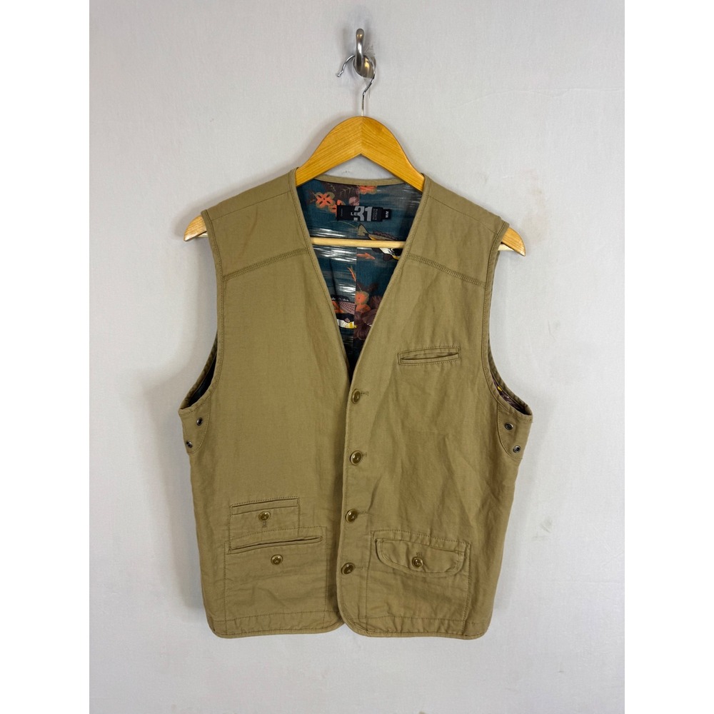 Le 31 Simons Mens Khaki Tan Linen Blend Utility Vest Fish Print Lining Size M